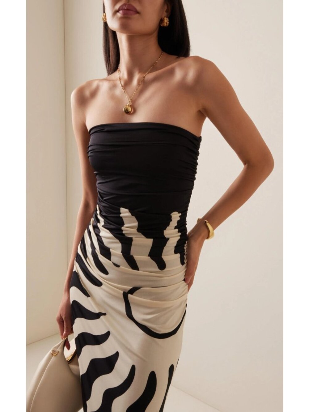 Cala de la Cruz Strapless Maxi Dress M Black & Cream Jersey Ruching - Picture 2 of 10
